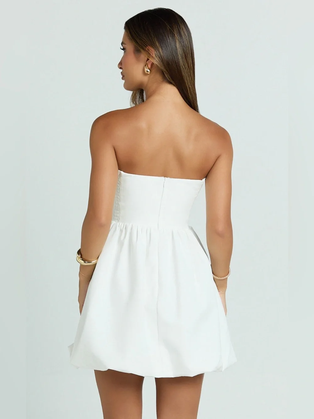 SHOWPO Shaima Strapless Bubble Hem Mini Dress In White